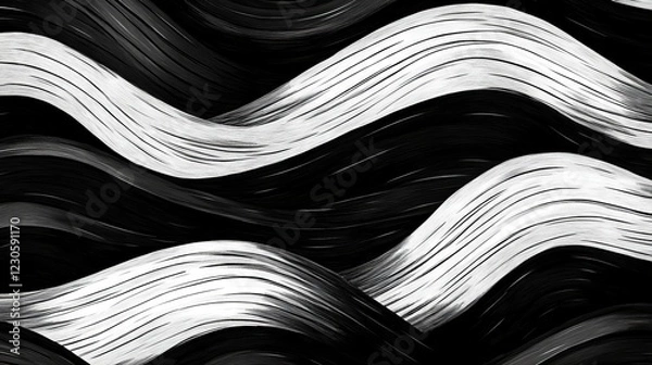 Fototapeta Black and white abstract design featuring flowing waves and contrasting brush strokes