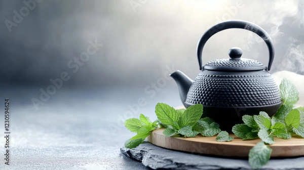 Fototapeta Rustic Black Iron Teapot with Mint Garnish for Tea Ceremony Illustrate a close-up of a black iron Asian teapot with its lid slightly open, steam escaping from the spout. Place seve