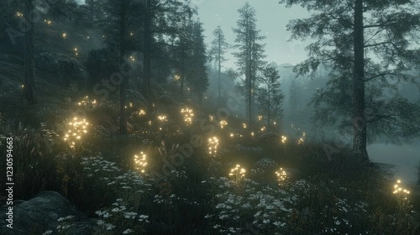 Fototapeta Glowing Flowers Illuminate a Misty Forest Scene