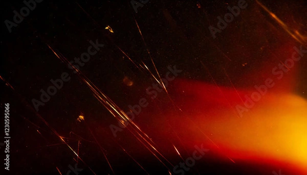 Obraz Abstract scratched damaged retro analog film effect, red yellow orange light leaks rays, grainy dust noise texture on black background, blurred vintage cinematic distressed grunge overlay.