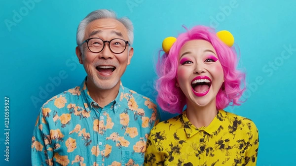 Fototapeta An Asian senior man with gray hair and glasses stands next to a pink-haired woman with bold makeup, both radiating positivity and style against a striking turquoise backdrop. senio