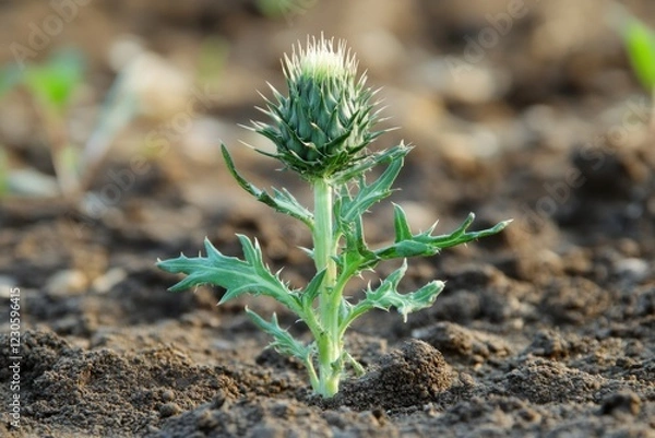 Obraz Young Thistle Growing in Soil