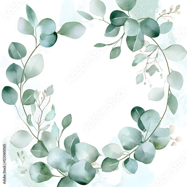 Fototapeta Frame of Eucalyptus globulus Leaf, with minimal details and a simple illustration. Floristic design elements for floristics, Greeting card, Floral print, Plant painted background, Watercolor painting.