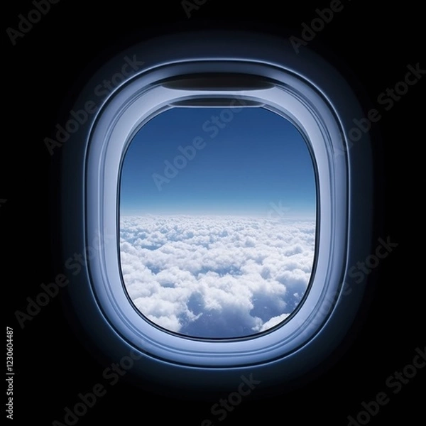 Fototapeta Wing of airplane soaring above soft clouds with clear blue sky in view from the cabin window. Generative AI