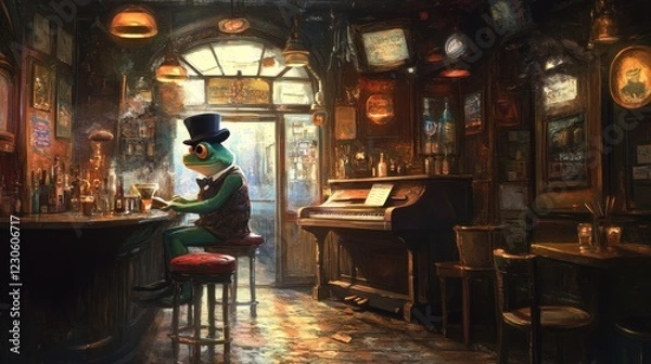 Fototapeta A Dapper Frog Patron Sits At A Bar Piano
