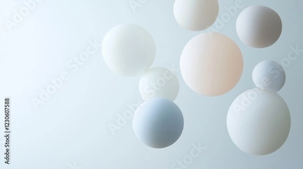 Fototapeta Group of nine white spheres arranged in a scattered manner on a light blue background. the spheres are of different sizes and shapes, with some being larger and others smaller.