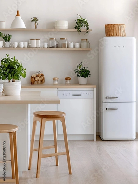 Fototapeta Bright minimalist kitchen with plants and natural light