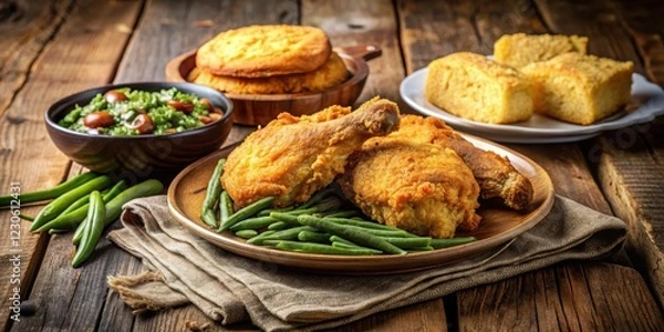 Fototapeta Richly golden fried chicken served alongside a warm cornbread and steaming green beans on a rustic wooden table , green_beans, cornbread