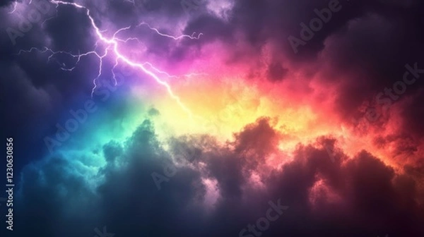 Fototapeta Vibrant Rainbow Clouds and Lightning Strike Across The Sky