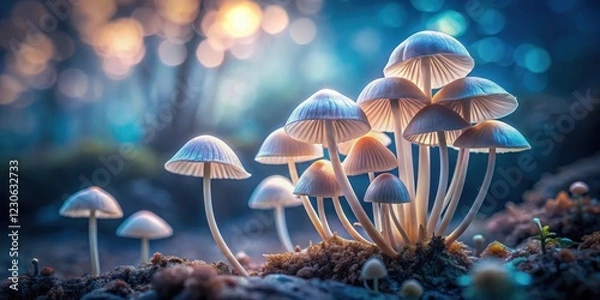 Fototapeta Delicate fungi with soft pastel hue against dark mysterious backdrop , fungi, details,  fungi