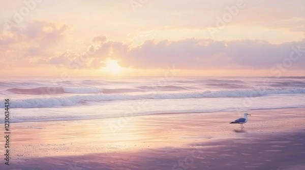 Fototapeta Serene sunrise over ocean beach with lone seagull.