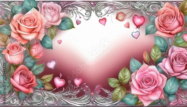 Fototapeta beautiful seamless pattern border frame with hearts and beautiful roses copy space