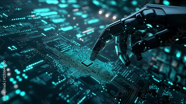 Fototapeta A robotic arm precisely placing microchips onto a circuit board, with glowing control panels in the background.
