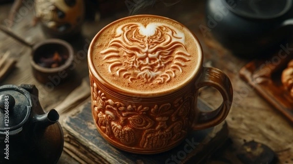 Fototapeta Steaming Latte Art in Ornate Mug on Wooden Table