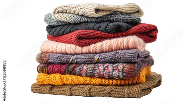 Fototapeta Old and stacked sweaters, isolated on transparent background.