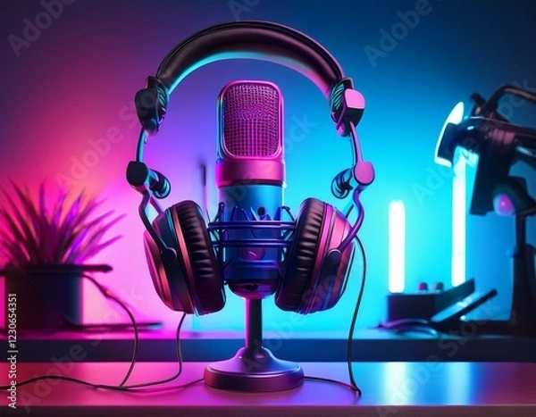 Fototapeta a close up of a microphone and headphones for podcasting or asmr sounds on black stand in a neon led lighting cyan and magenta in a sound recording studio vertical generative ai technology