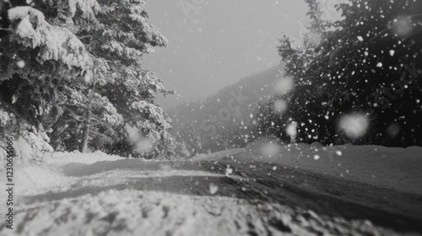 Fototapeta Snowy mountain road, winter snowfall, scenic view, travel