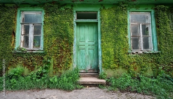 Fototapeta aged abandoned house green wall front door and windows have aged green vegetation on the site with an old house generated by artificial intelligence