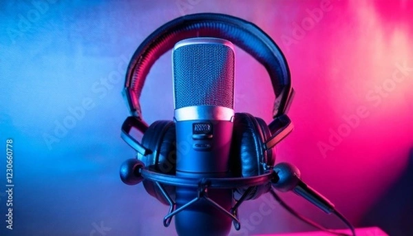 Fototapeta a close up of a microphone and headphones for podcast stream or asmr sounds on black stand in a neon led lighting cyan and magenta in a sound recording studio