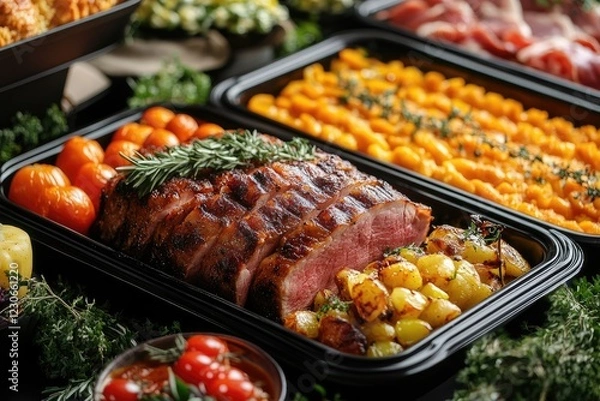 Fototapeta Sliced roast beef with roasted potatoes and cherry tomatoes in catering tray
