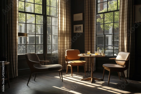 Fototapeta Sunny afternoon in a cozy interior with elegant seating and natural light
