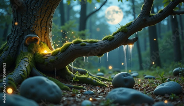 Fototapeta Ethereal tree branch with glowing sap in a magical forest, enchantment

