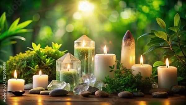 Fototapeta Soothing crystal energy flowing through greenery and candles, calming atmosphere