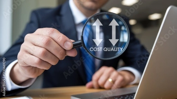 Fototapeta Analyzing Cost-Quality Relationship: A Businessman Scrutinizes the Inverse Proportionality of Cost and Quality Through a Magnifying Glass, Highlighting the Crucial Trade-off in Business Decisions.