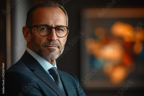 Fototapeta Confident businessman in professional attire poses against a colorful background in a modern office setting
