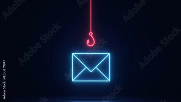 Fototapeta A neon hook hangs above an email, symbolizing phishing and online scams. Be cautious of suspicious emails to avoid becoming a victim.