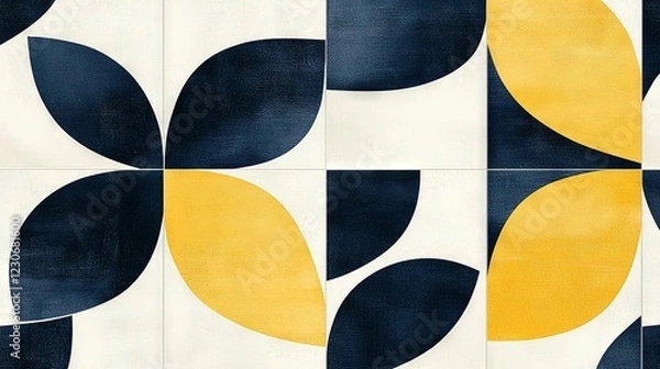 Fototapeta   A depiction of yellow and black foliage against a white-blue backdrop, featuring a circular yellow motif on the canvas's left half