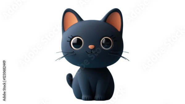 Fototapeta A cute black cat figurine in a playful and minimalistic style, featuring large expressive eyes, a small smile, and a tiny ball on its collar. The cat is made from soft material with smooth textures an
