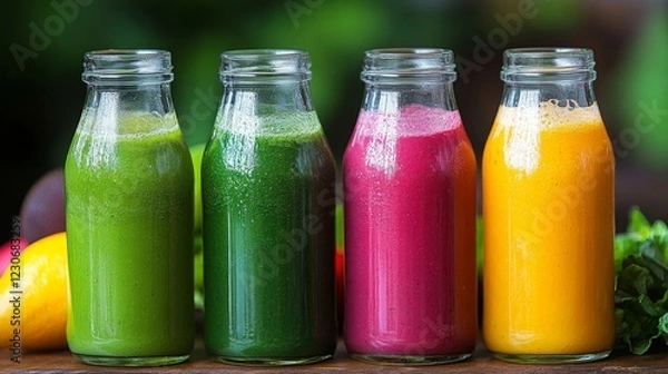 Fototapeta Four Colorful Smoothies in Glass Bottles on Wooden Surface