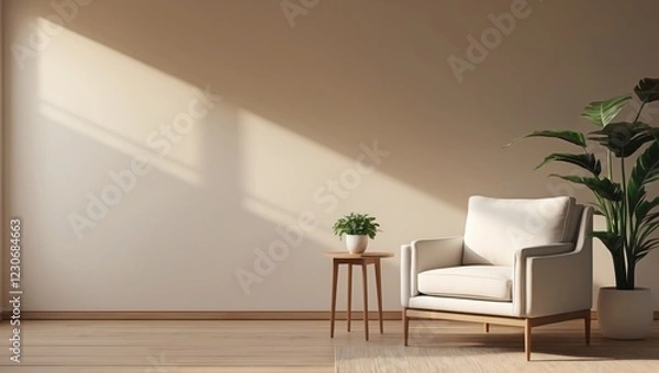 Fototapeta Sunlight streams into a minimalist room, illuminating a comfortable armchair and side table with potted plants.