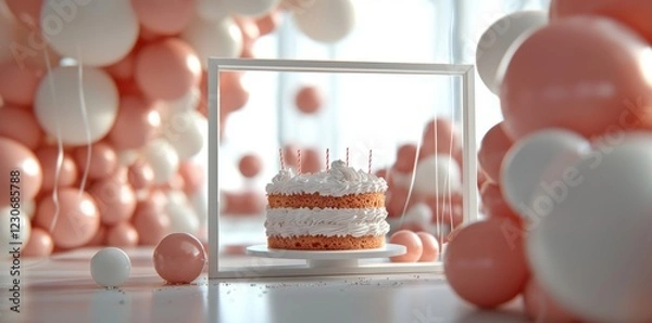 Fototapeta A vibrant birthday photo frame template adorned with colorful balloons, a delicious cake, and confetti, perfect for personalizing birthday cards, invitations, and greeting cards with custom messages