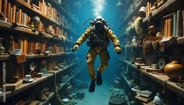 Obraz Underwater Diver in Sunken Library