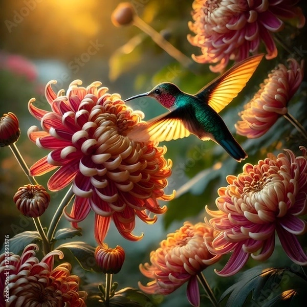 Fototapeta Autumn Chrysanthemum Close-up with Hummingbird - A detailed portrait of a chrysanthemum with rich autumn colors and intricate seed pattern detail.