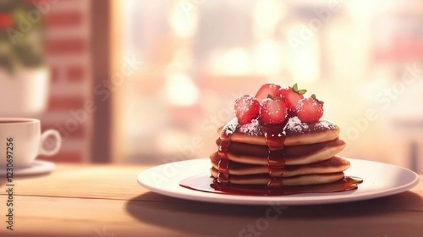 Fototapeta   Pancakes stacked on white plate, sprinkled with powdered sugar, garnished with strawberries