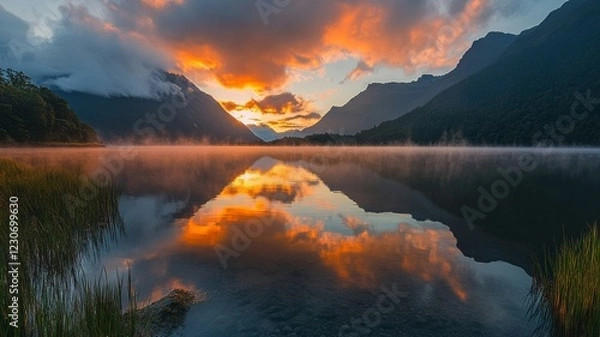 Fototapeta Fiery sunrise reflected in a calm lake, surrounded by mist-covered mountains.