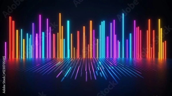 Fototapeta SEO keywords and conversion. Vibrant neon sound wave graphic against a dark background.