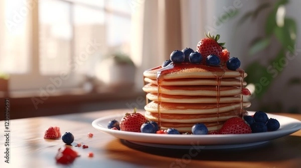 Fototapeta Enjoy a stack of crispy pancakes infused with maple syrup, garnished with fresh berries and a dollop of cream