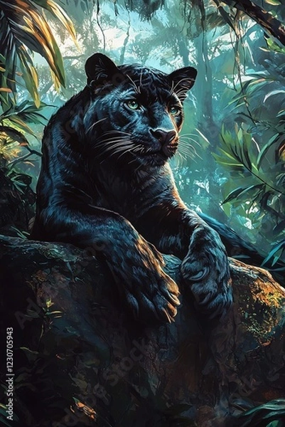 Fototapeta   A black tiger sits majestically on a rock in the jungle, its paw resting confidently as it gazes at the camera with piercing eyes