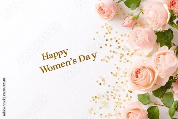 Obraz Celebrate Women's Day with a joyful golden banner and beautiful roses on a bright background