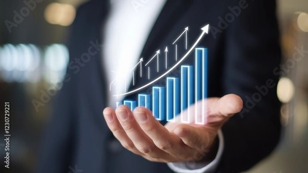 Obraz Business Growth, Success, and Financial Progress: A Man's Hand Holding a Rising Bar Graph
