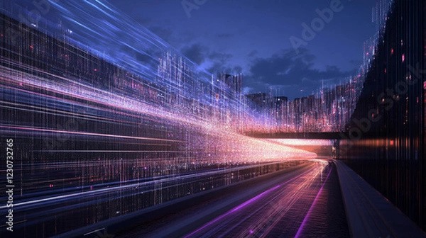 Obraz Digital information manifests as light trails in a vibrant cityscape during twilight, showcasing dynamic movement and modernity in urban settings. Generative AI