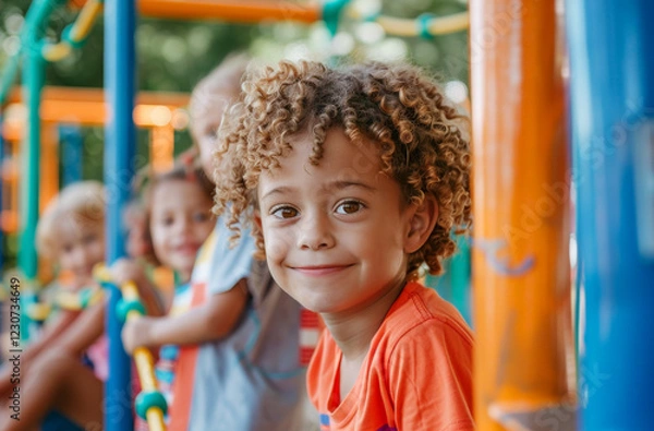 Obraz Portrait of cute preschooler kids playing together in an outdoor urban playground