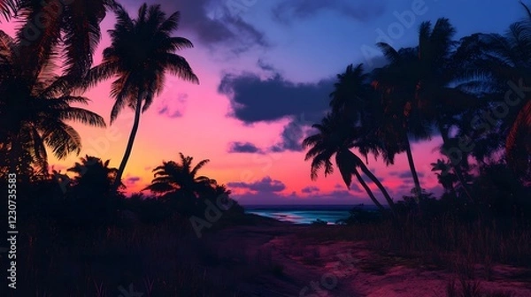 Fototapeta ヤシの木が揺れるトロピカルサンセット