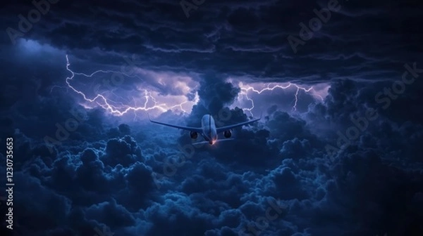 Fototapeta Airplane navigates turbulent stormy clouds illuminated by lightning at night. Generative AI
