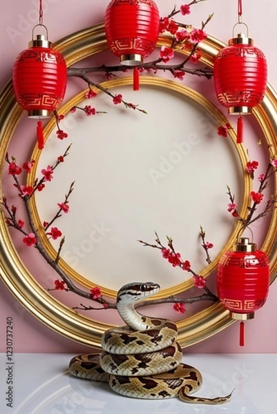 Fototapeta Circular Frame With Red Lanterns and Cherry Branches With Snake