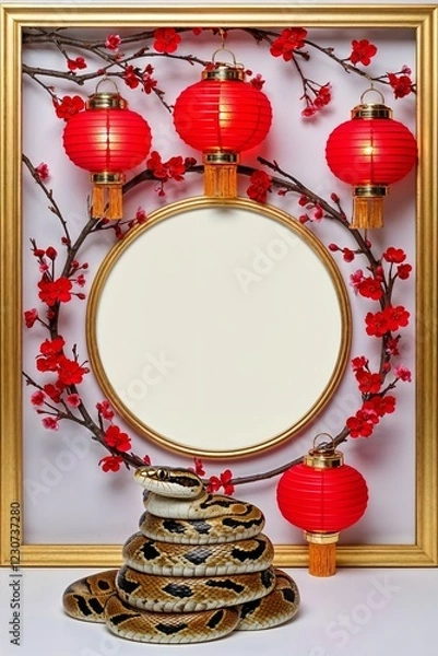 Fototapeta Circular Frame With Red Lanterns and Cherry Branches With Snake